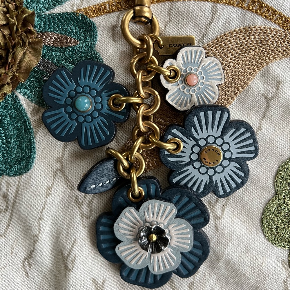 Coach Blue Floral Leather Purse Charm or Key Fob Holder